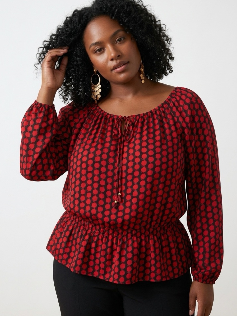Ellen Tracy Red Polka Dot Peplum Blouse